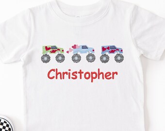 Embroidered Boys Monster Truck Trio sketch tshirt: Valentines day shirt boy shirt