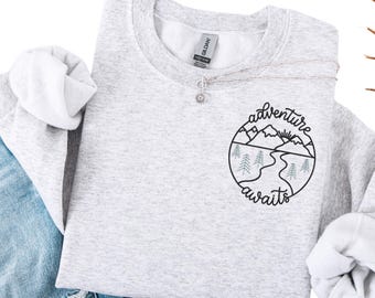Embroidered Adventure Awaits Sweatshirt, Mountain Camping tshirt, Road trip Camping Adventure crewneck, RV Camping Adventure shirt