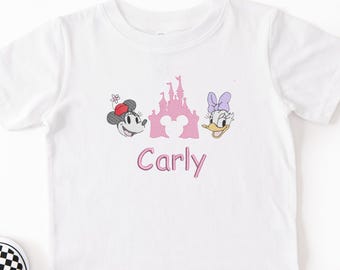 Personalized Kids Embroidered Magical Mouse and Duck Sketch Girl Tshirt: Custom kid name Mouse Castle and Duck shirt