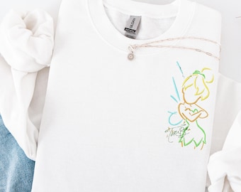 Embroidered Disney Peter Pan Tinkerbell shirt, Tinkerbell outline sweatshirt, Disney Fairy Tinkerbell signature tshirt