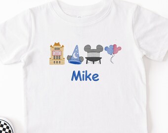 Personalized Embroidered Kids Hollywood Studios Sketch Tshirt: Custom kid name shirt, happiest place on earth theme park shirt for kids