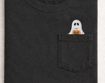 Embroidered Disney Halloween Mickey Mouse Pocket Tshirt: Mickey not so scary halloween party shirt, Pocket Peeker tshirt
