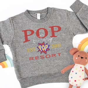 Könnte beinhalten: Ein graues Sweatshirt mit den Worten "POP Resort" in Rot, Gelb und Blau gestickt. Das Sweatshirt hat auch den Text "Est. 2003". Ein Stoffmaus-Spielzeug liegt neben dem Sweatshirt.