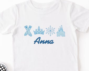 Personalized Kids Embroidered Frozen Sketch Tshirt: Custom kid name winter princess Elsa and Anna shirt