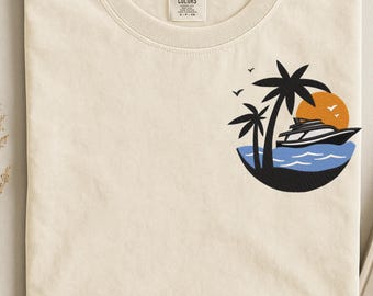 Embroidered Travel Yacht Sweatshirt, Yacht Sunset tshirt, Aruba Sunset boat crewneck, beach boat palm trees vacation shirt