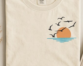 Custom Embroidered Ocean Sunset with Seagulls Sweatshirt, Beautiful sunset embroidered tshirt, Sunset crewneck