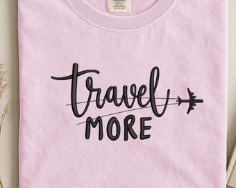 Custom Embroidered Travel More Sweatshirt, Cute airplane travel tshirt, traveling suitcase airplane heart crewneck