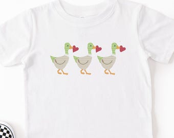 Embroidered Kids Valentines Day Mallard Duck with heart sketch tshirt: Valentines day shirt Youth