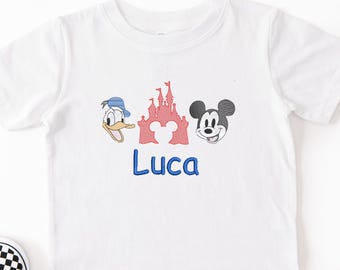 Personalized Kids Embroidered Magical Mouse and Duck Sketch Tshirt: Custom kid name Mouse Castle and Duck shirt