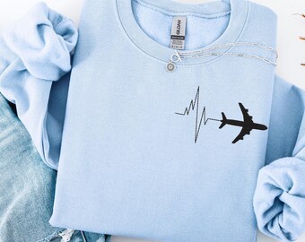 Custom Embroidered Heartbeat Airplane Sweatshirt, Airplane Travel tshirt, Traveling shirt for lovers crewneck, Airplane Passport icons shirt