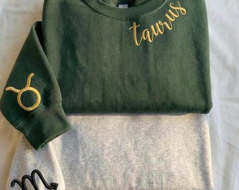 Zodiac Sign Embroidered Sweatshirt, Personalized Horoscope Crewneck, Embroidery Birthday Gift, Custom Horoscope Sweater