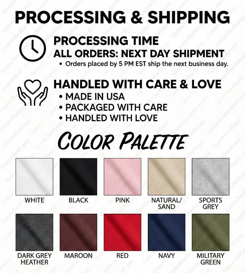 Puede incluir: Imagen con texto sobre los detalles de procesamiento y env&iacute;o. Incluye el tiempo de procesamiento, el manejo con cuidado y una paleta de colores con opciones como blanco, negro, rosa y azul marino. Hecho en los EE. UU.