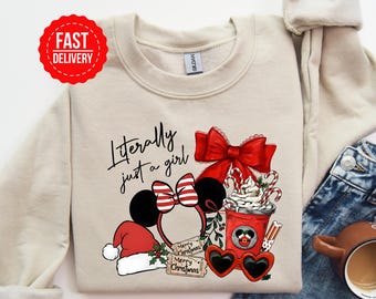 Camiseta navideña de Disney "Literally Just A Girl" con lazo de Minnie, regalo de Navidad con lazo de Disney "Coquette", camiseta de Minnie Mouse
