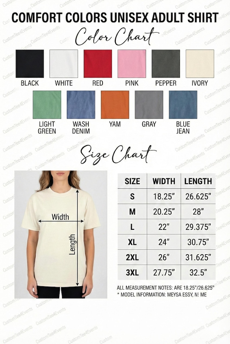 Puede incluir: Tabla de colores para camisetas unisex para adultos Comfort Colors, con negro, blanco, rojo, rosa, etc. Una tabla de tallas muestra medidas en pulgadas, con una mujer modelando una camiseta color crema. Medidas en cm.