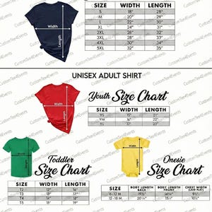 Puede incluir: Tablas de tallas para camisetas unisex para adultos, camisetas para j&oacute;venes, camisetas para ni&ntilde;os peque&ntilde;os y monos. Las tablas muestran medidas en pulgadas para ancho, largo y pecho. El texto "CustomTee4Events" se repite.