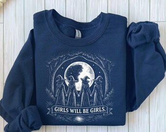 Vintage Girls Will Be Girls Witch Halloween Shirt - Witches Halloween Shirt - Gothic Witchy Moon Phases Shirt - Feminism Gift for Her