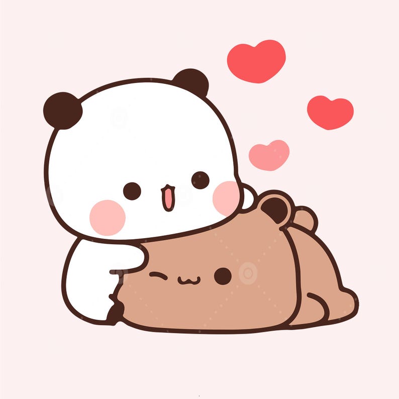 Puede incluir: Un oso panda blanco con orejas y ojos negros est&aacute; abrazando a un oso marr&oacute;n con una gran sonrisa. Ambos osos tienen mejillas rosadas y est&aacute;n rodeados de corazones rojos.