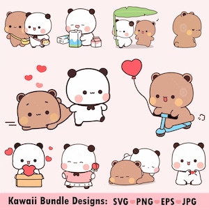 Kawaii Panda Bear Couple love Svg, 10 Cute Budu Dudu Kawaii Clipart Png gift for lovers, Digital download