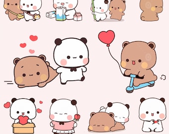 May include: A set of 10 cute cartoon animal illustrations featuring a panda and a brown bear in various poses. The illustrations are in a kawaii style and are perfect for use in digital or printed projects.