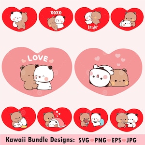 Kawaii Dudu Bubu Heart Hug Love, Panda Bear couple love Svg, 10 Cute Dudu Bubu Kawaii animals Clipart Png gift for lovers, Digital download