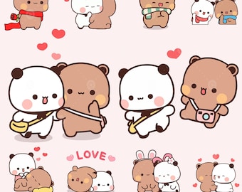 May include: A set of nine digital illustrations featuring cute cartoon bears and pandas in various poses. The illustrations are in a kawaii style and feature hearts, a crown, a scarf, a camera, and the word "LOVE".