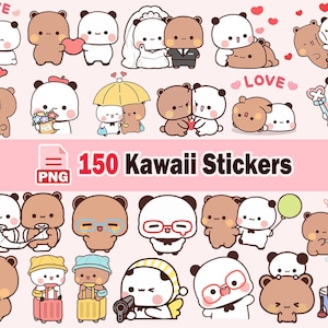 Może przedstawiać: Zestaw 150 naklejek kawaii z kreskówkowymi misiami w różnych pozach. Misie są biało-brązowe, niektóre w okularach, trzymające serca lub ubrane do podróży. Naklejki są w formacie PNG.