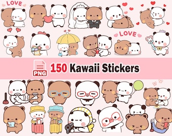 May include: A collection of 150 kawaii stickers featuring cartoon bears in various poses. The bears are white and brown, some wearing glasses, holding hearts, or dressed for travel. The stickers are in PNG format.