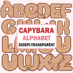 以下が含まれることがあります： 茶色の文字と愛らしいカピバラのイラストが特徴の、気まぐれなアルファベットセット。文字は丸みを帯びたフォントで、それぞれにユニークなカピバラのキャラクターがいます。画像には「CAPYBARA ALPHABET」と「300DPI-TRANSPARENT」の文字が含まれています。