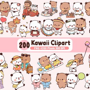 May include: A collection of 200 Kawaii Clipart PNG 4200 Pixels 300 DPI digital illustrations featuring cartoon bears in various outfits and activities, including driving, traveling, dancing, and relaxing, rendered in a simple, rounded style.