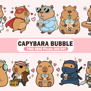 May include: A collection of cartoon capybaras, each holding a bubble tea. The capybaras are dressed in various outfits, including a doctor's coat, a superhero cape, sunglasses, and a ninja suit. The text "CAPYBARA BUBBLE" is displayed.