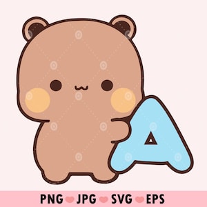 Animals Alphabet A Clipart, Kawaii Bear Monogram A png, Cute Monograms Svg , Cute Dudu, kawaii alphabet, Printable Stickers - Commercial Use