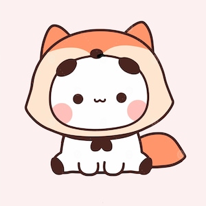 Puede incluir: Una ilustraci&oacute;n de dibujos animados de un panda blanco con un disfraz de zorro naranja con una pajarita negra. El panda tiene ojos negros y una expresi&oacute;n linda.