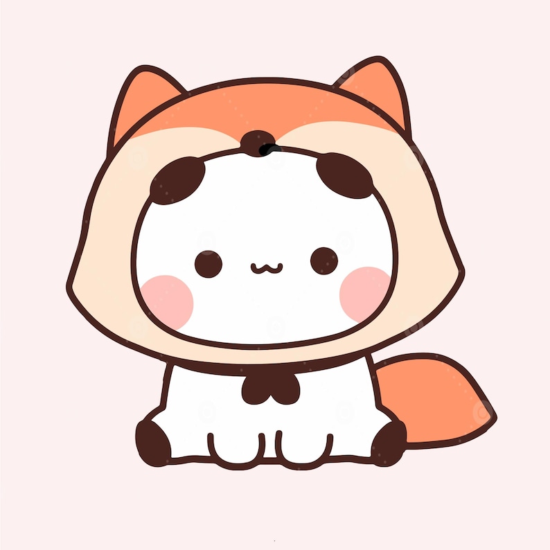 Puede incluir: Una ilustraci&oacute;n de dibujos animados de un panda blanco con un disfraz de zorro naranja con una pajarita negra. El panda tiene ojos negros y una expresi&oacute;n linda.