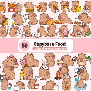 Peut inclure: Une collection de 50 capybaras de dessins animés avec divers aliments. Les capybaras sont représentés en marron clair, et les aliments comprennent des hamburgers, des frites, des pizzas et des desserts. L'image a une bannière rose avec le texte "Capybara Food".