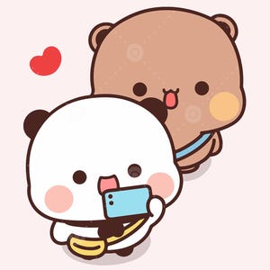 May include: A white panda bear with pink cheeks and a brown bear with a blue scarf are holding a blue smartphone. The panda bear is smiling and the brown bear is sticking out its tongue. A red heart is in the background.