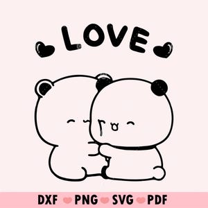 Peut inclure: Illustration en noir et blanc de deux oursons de dessin animé qui se font un câlin. Le mot "LOVE" est écrit au-dessus des oursons avec un cœur de chaque côté.