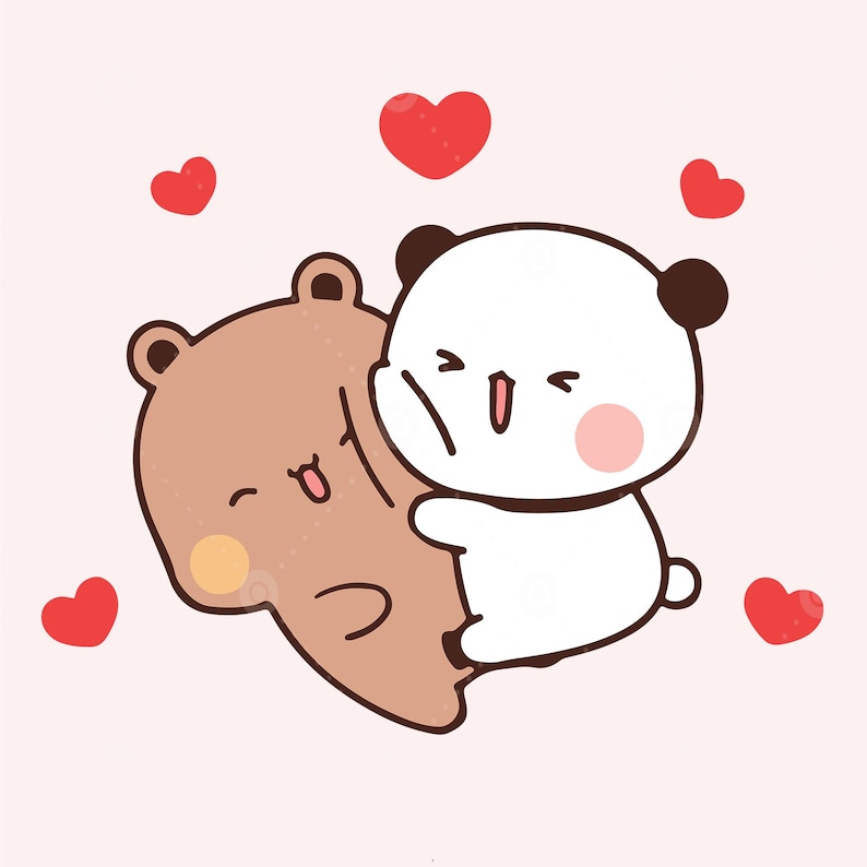 Puede incluir: Un oso marr&oacute;n y un panda blanco se abrazan, rodeados de corazones rojos. El oso est&aacute; a la izquierda y el panda a la derecha. Ambos animales tienen expresiones felices en sus caras.