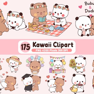May include: A collection of 175 Kawaii clipart images featuring cartoon bears, including picnic scenes, hugging pairs, and celebratory moments. The images are in PNG format with a resolution of 4200 pixels and 300 DPI.