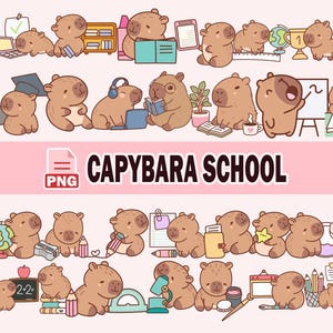 Peut inclure: Plusieurs illustrations de capybaras de dessin animé dans des scènes scolaires. Les capybaras sont représentés avec des ordinateurs portables, des livres et des fournitures scolaires. Le texte "CAPYBARA SCHOOL" est affiché. L'ensemble est dans des tons doux.