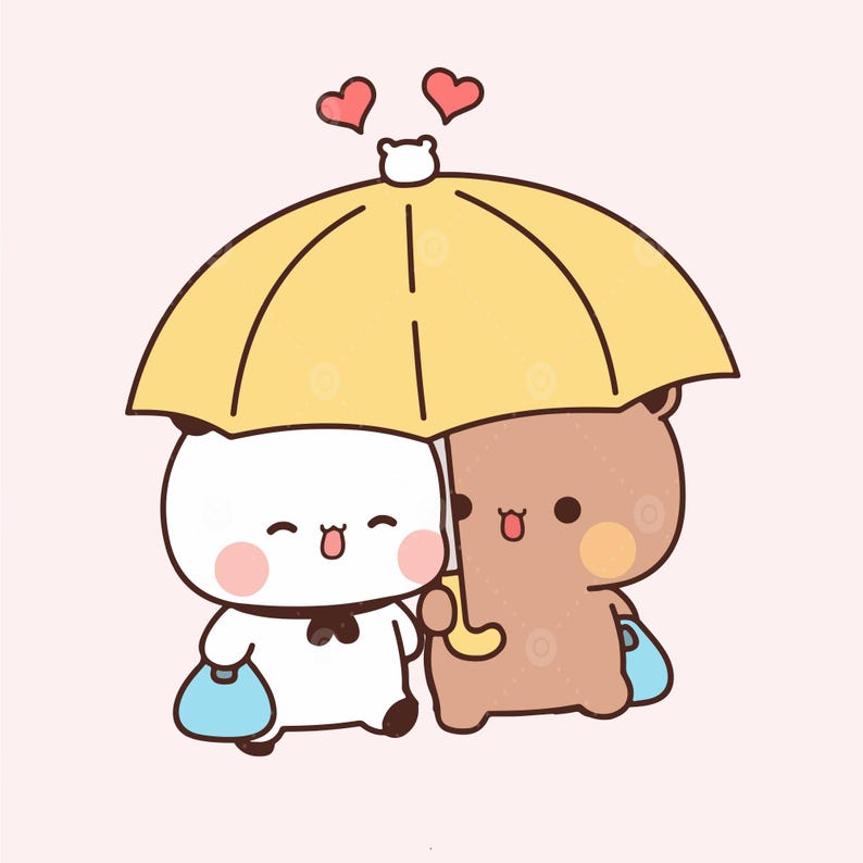 Puede incluir: Dos animales de dibujos animados, un oso blanco y un oso marr&oacute;n, caminan juntos bajo un paraguas amarillo. Ambos sonr&iacute;en y llevan peque&ntilde;as bolsas azules. Dos corazones rojos flotan sobre el paraguas.