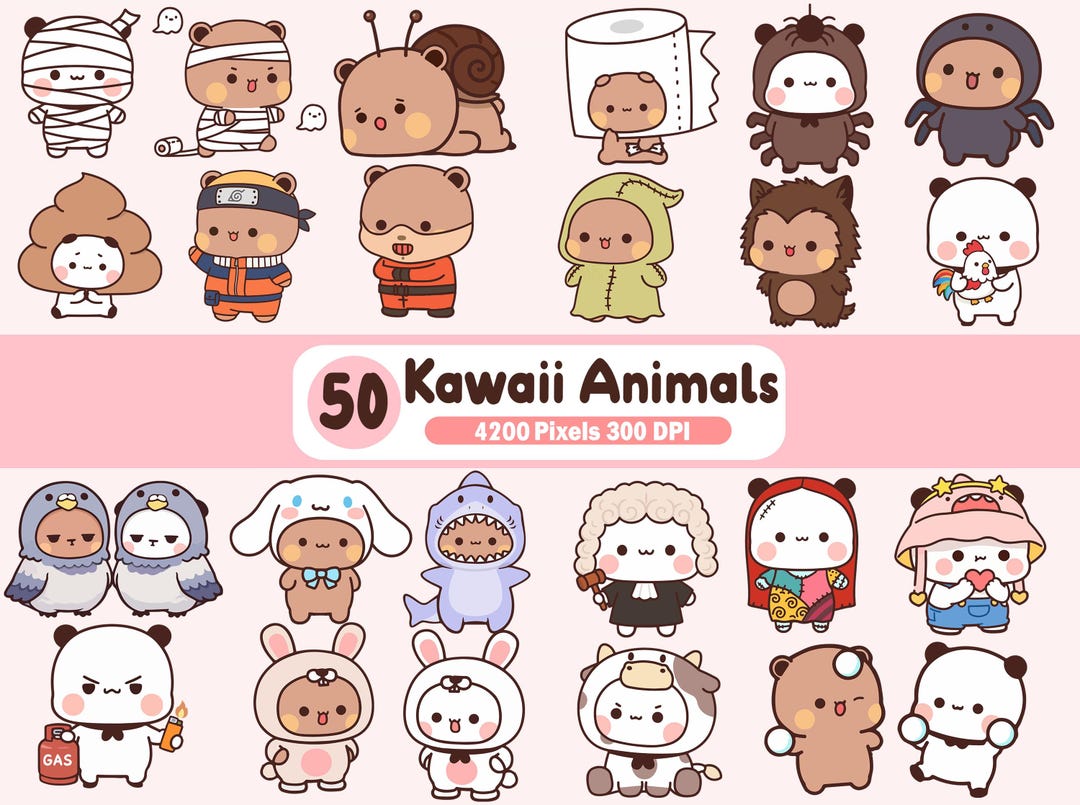 50 Cute Kawaii Animals PNG Clipart Digital Bundle for Stickers Planners ...
