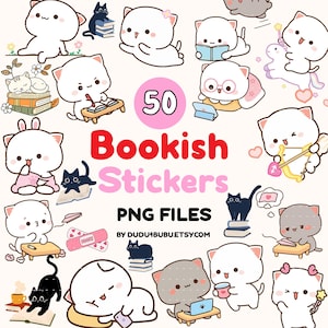 Może przedstawiać: Zestaw 50 naklejek "Bookish Stickers" w formacie PNG. Obraz przedstawia kreskówkowe koty w różnych pozach, takich jak czytanie i pisanie. Naklejki są w stylu kawaii, z różowo-białą kolorystyką. Widoczny jest również tekst "PNG FILES".