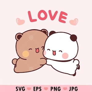 Kawaii Panda Bear Couple love Svg, Lovely Panda and bear Cute Dudu Bubu Kawaii Clipart Png gift for lovers, Digital download