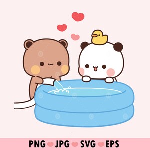 May include: Two cartoon animals, a brown bear and a panda bear with a yellow duck on its head, are playing in a blue inflatable pool.  There are pink hearts floating above them.
