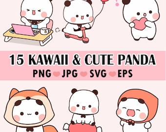 May include: A set of 15 kawaii and cute panda illustrations in various poses. The illustrations are in PNG, JPG, SVG, and EPS formats. The pandas are wearing different outfits and accessories, including a fox costume, a red hooded cloak, and a scooter.