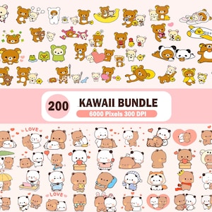 Puede incluir: Una ilustración digital con 200 osos kawaii en varias poses y atuendos. Los osos están representados en diseños marrones, blancos y panda. La imagen incluye el texto "200 KAWAI BUNDLE".
