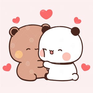 Puede incluir: Un oso marr&oacute;n y un panda blanco se abrazan con corazones flotando a su alrededor. El oso est&aacute; a la izquierda y el panda a la derecha. Ambos animales tienen expresiones felices en sus caras.