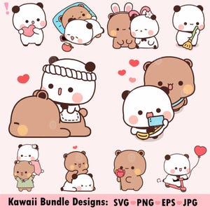 Kawaii Panda Bear Couple Bundle, Bubu Dudu love, clipart, cute cartoon, svg png, printable digital drawing, Cute animal, panda bear cuteness