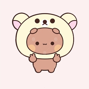 Puede incluir: Un oso de dibujos animados marr&oacute;n que lleva un disfraz de oso amarillo con orejas rosas. El oso tiene una expresi&oacute;n linda con ojos grandes y una boca peque&ntilde;a.