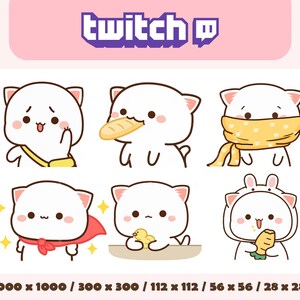 May include: Set of six digital illustrations featuring a white cat with different expressions and accessories. The cat is wearing a yellow scarf, a red cape, a yellow headband, a yellow scarf, a yellow scarf, and a bunny costume. The illustrations are in a cartoon style and are perfect for use on social media or in digital products.